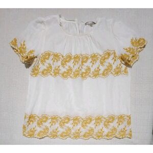 Loft Linen Blend Floral Embroidered Collared Short Sleeve Shirt Women's L Boho